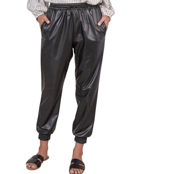 Mustard Seed Pants - Mustard Seed Vegan Leather Drawstring Jogger w Pockets Black
